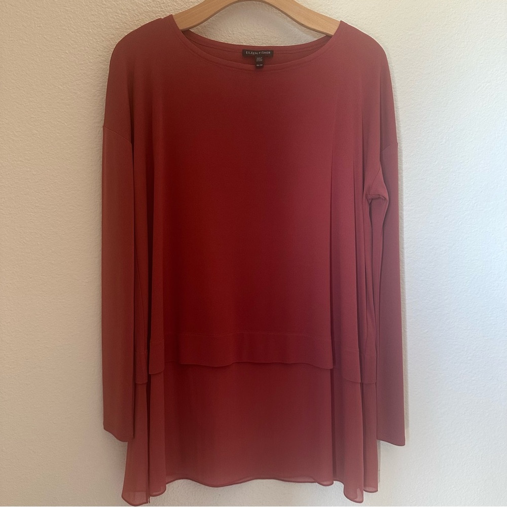 Eileen Fisher Tunic Womens XS Rust Long Sleeve Silk Layered Hem Puristic Miminal